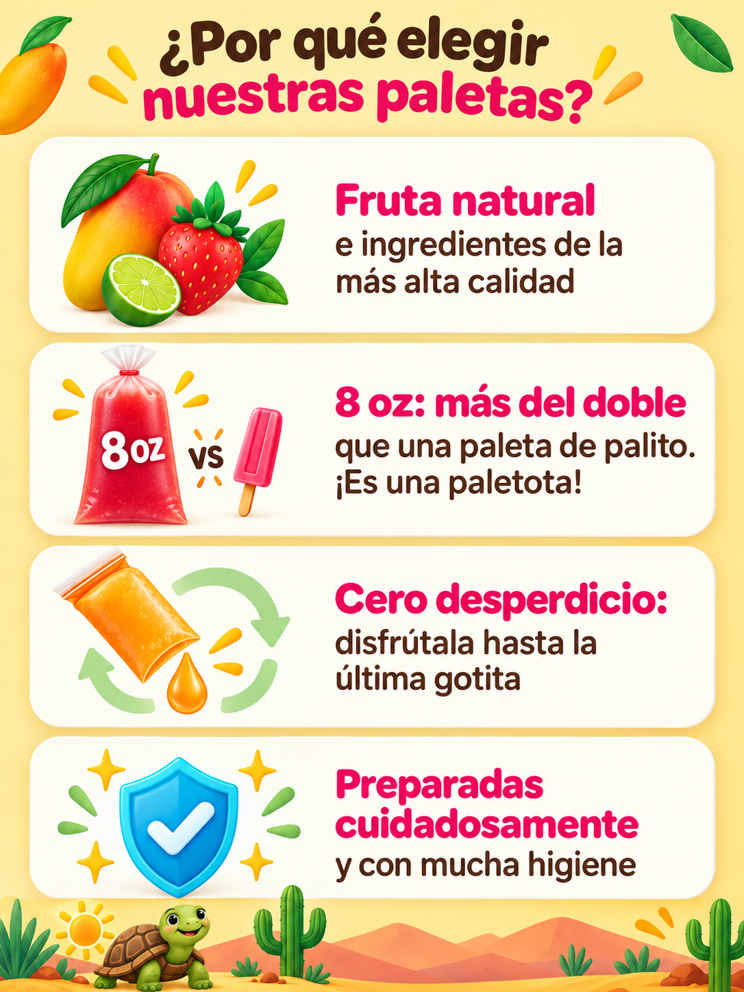 ¿Por qué elegir nuestras paletas? Fruta natural de alta calidad, 8 oz con más del doble que una paleta de palito, cero desperdicio y preparación cuidadosa con mucha higiene.